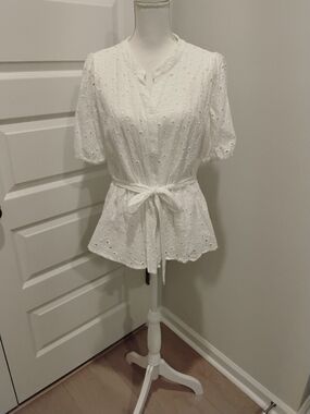 White Eyelet Tie-Waist Blouse